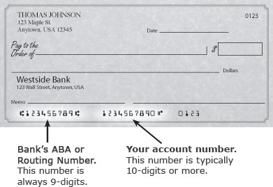 The Bank's ABA or Routing number is always 9-digits. Your checking or savings account number is typically ten digits or more.  These two numbers can be found along the bottom of your check in bold, blocky, black text.